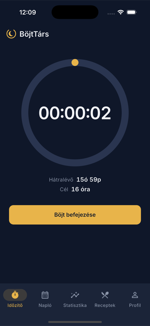Futó böjt a BöjtTárs alkalmazásban, körívvel és hátralévő idővel.