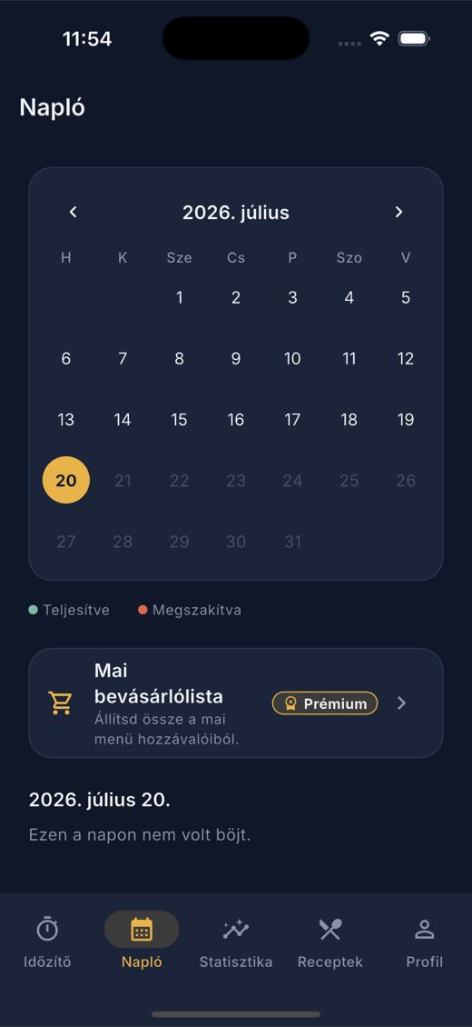 Havi naptár nézet a teljesített böjtökkel.