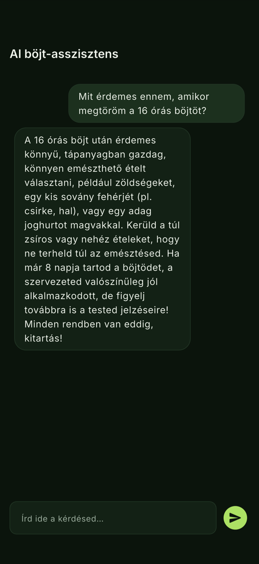 Az AI böjt-asszisztens beszélgetése az alkalmazásban.