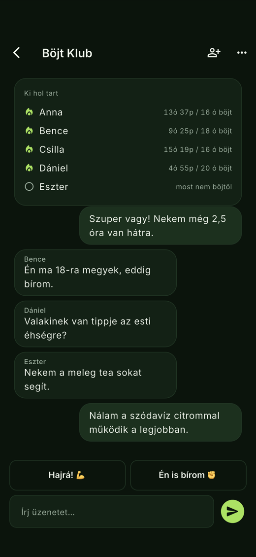 Csoport nézet a tagok futó böjtjével és a beszélgetéssel.