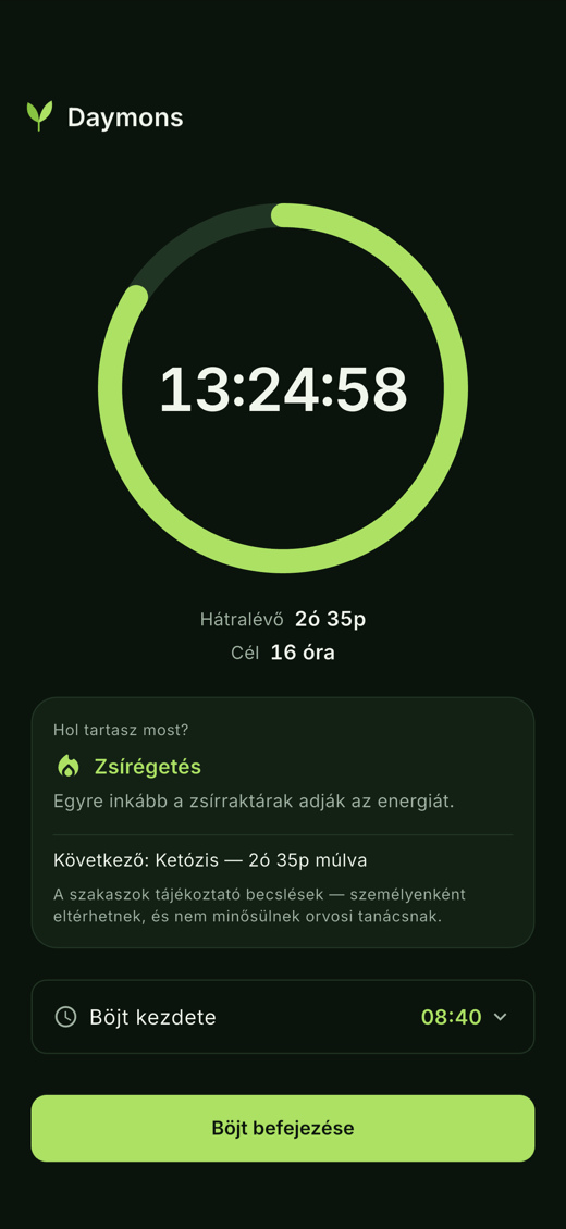 Futó böjt a Daymons alkalmazásban, körívvel és hátralévő idővel.