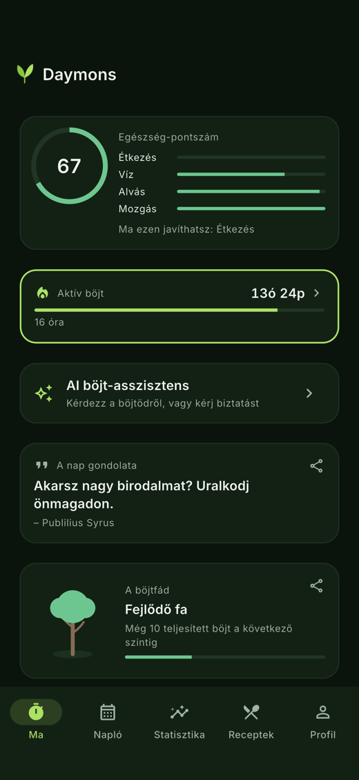 A Daymons napi áttekintője a futó böjttel, az egészség-pontszámmal és a böjtfával.