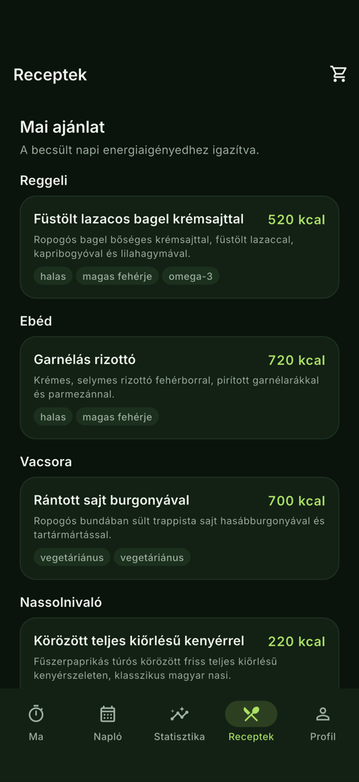 Napi recept-ajánlás reggelivel, ebéddel és vacsorával.